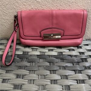 Coach Kristin Leather Large Flap Wristlet Clutch Coral Pink